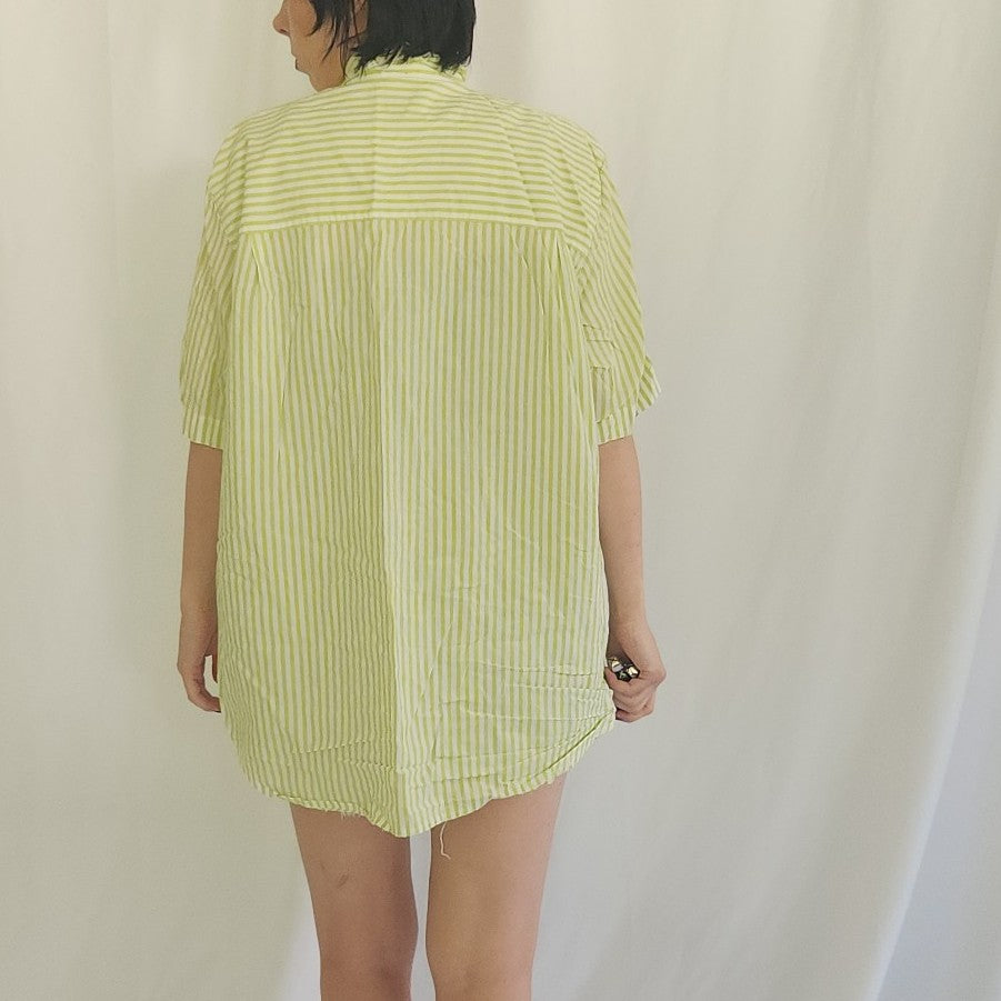 90s Green and White Striped Button Down Shirt