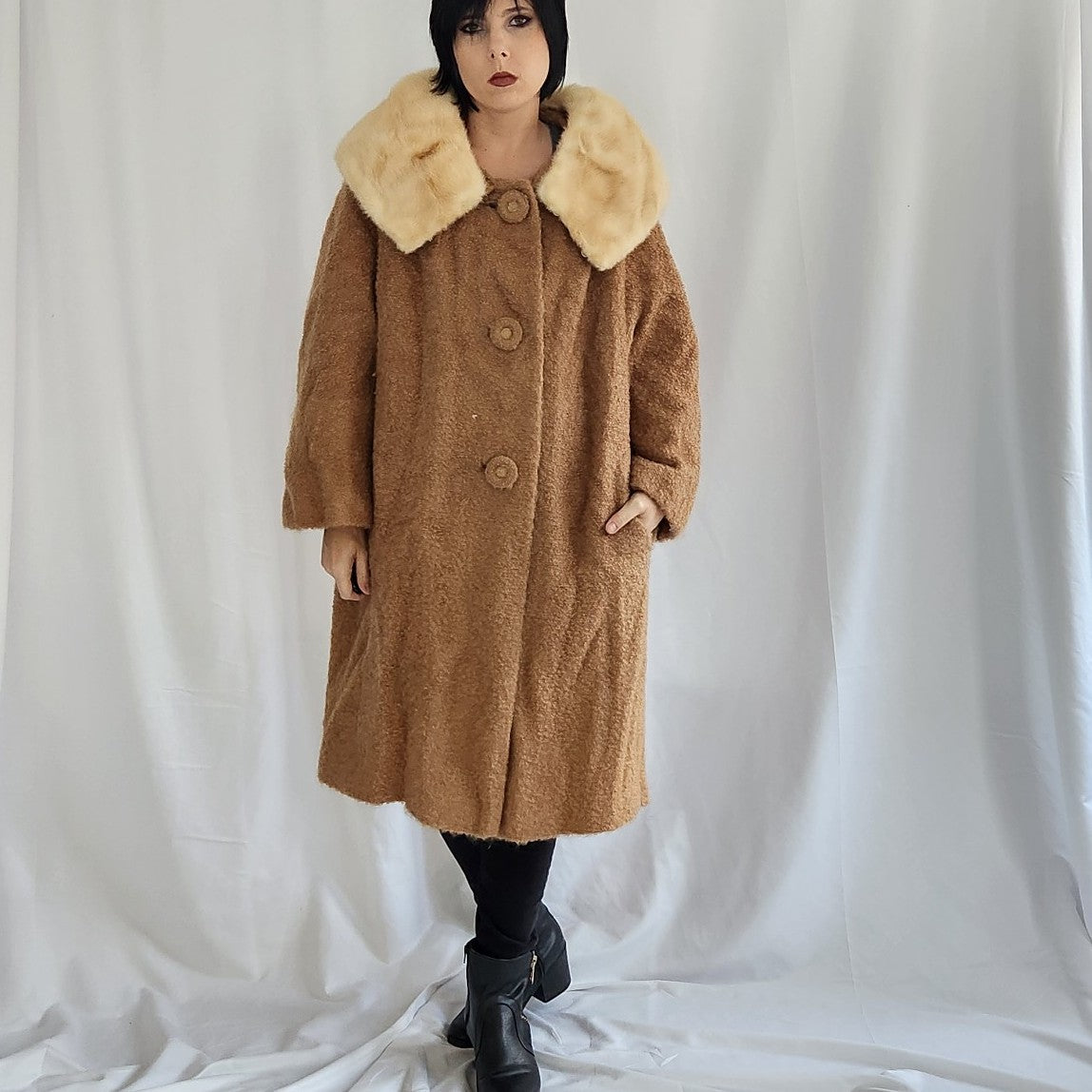 50s/60s Boucle Wool Swing Coat with Mink Collar