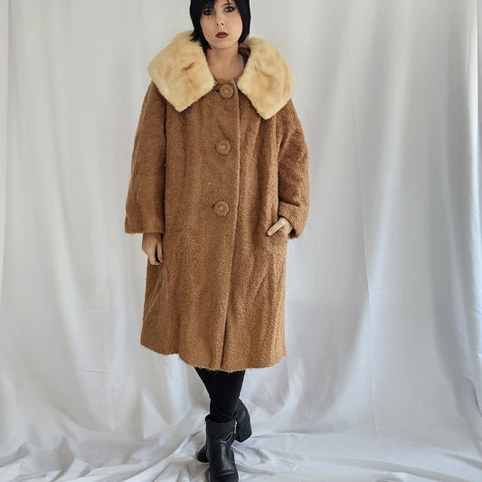50s/60s Boucle Wool Swing Coat with Mink Collar