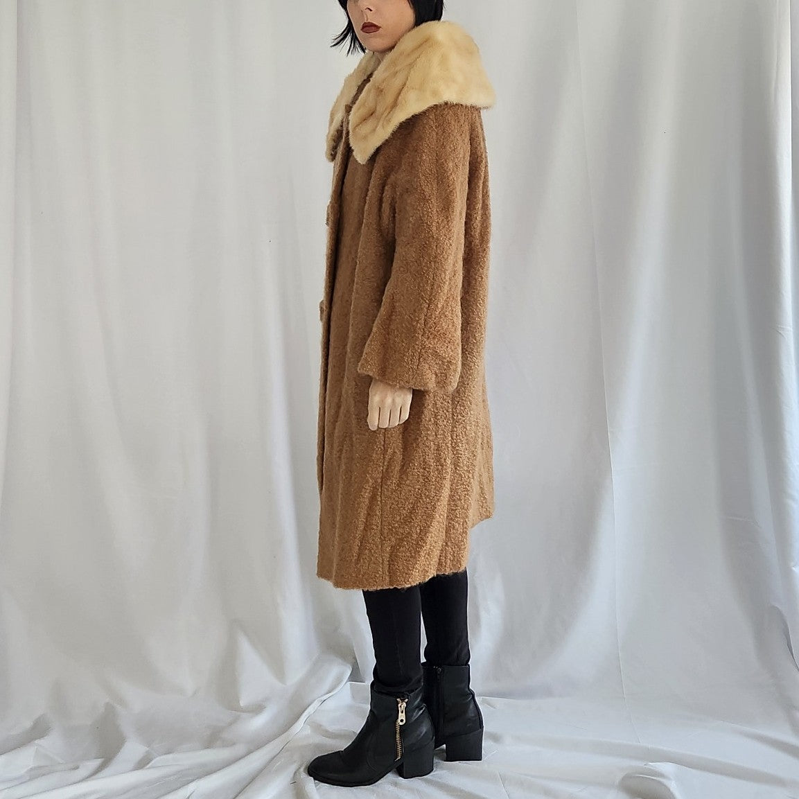 50s/60s Boucle Wool Swing Coat with Mink Collar