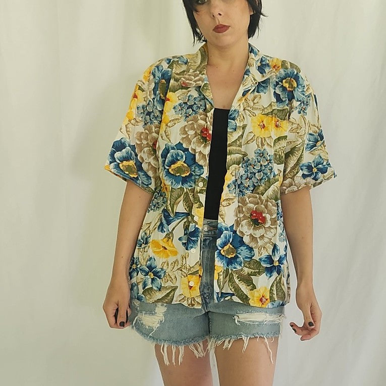 90s Liz Claiborne Yellow and Blue Floral Button Down