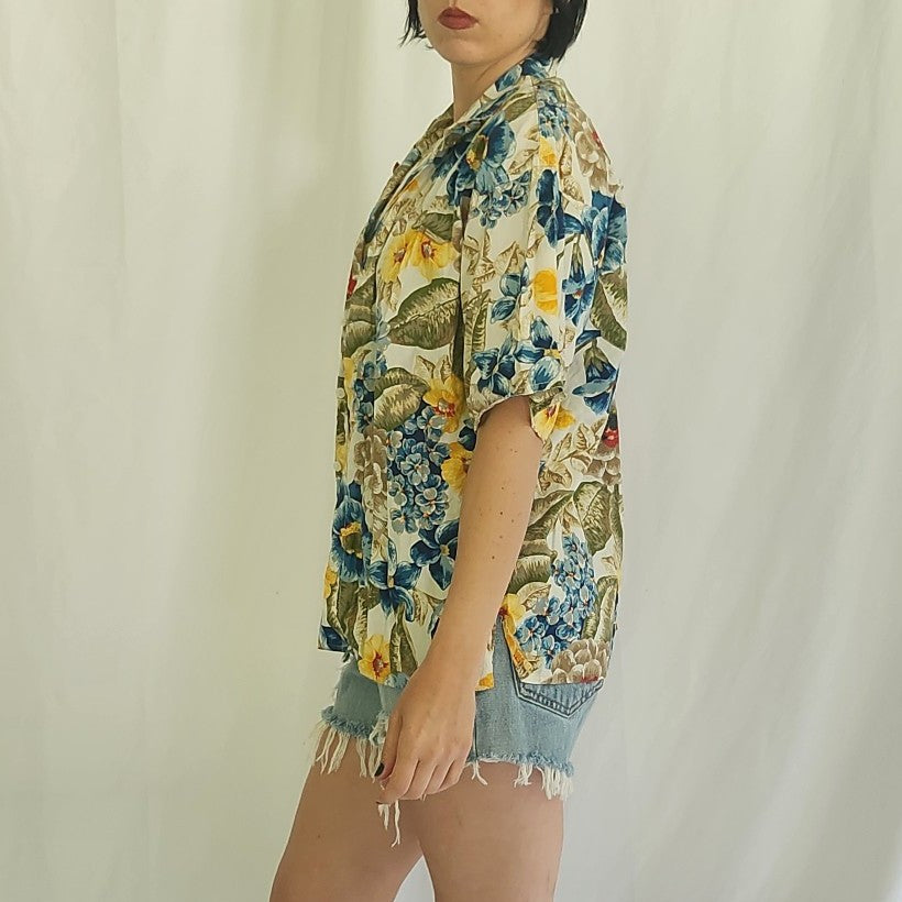 90s Liz Claiborne Yellow and Blue Floral Button Down
