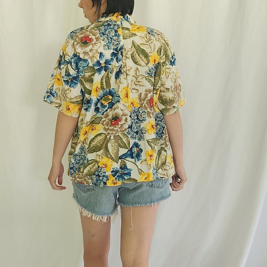 90s Liz Claiborne Yellow and Blue Floral Button Down