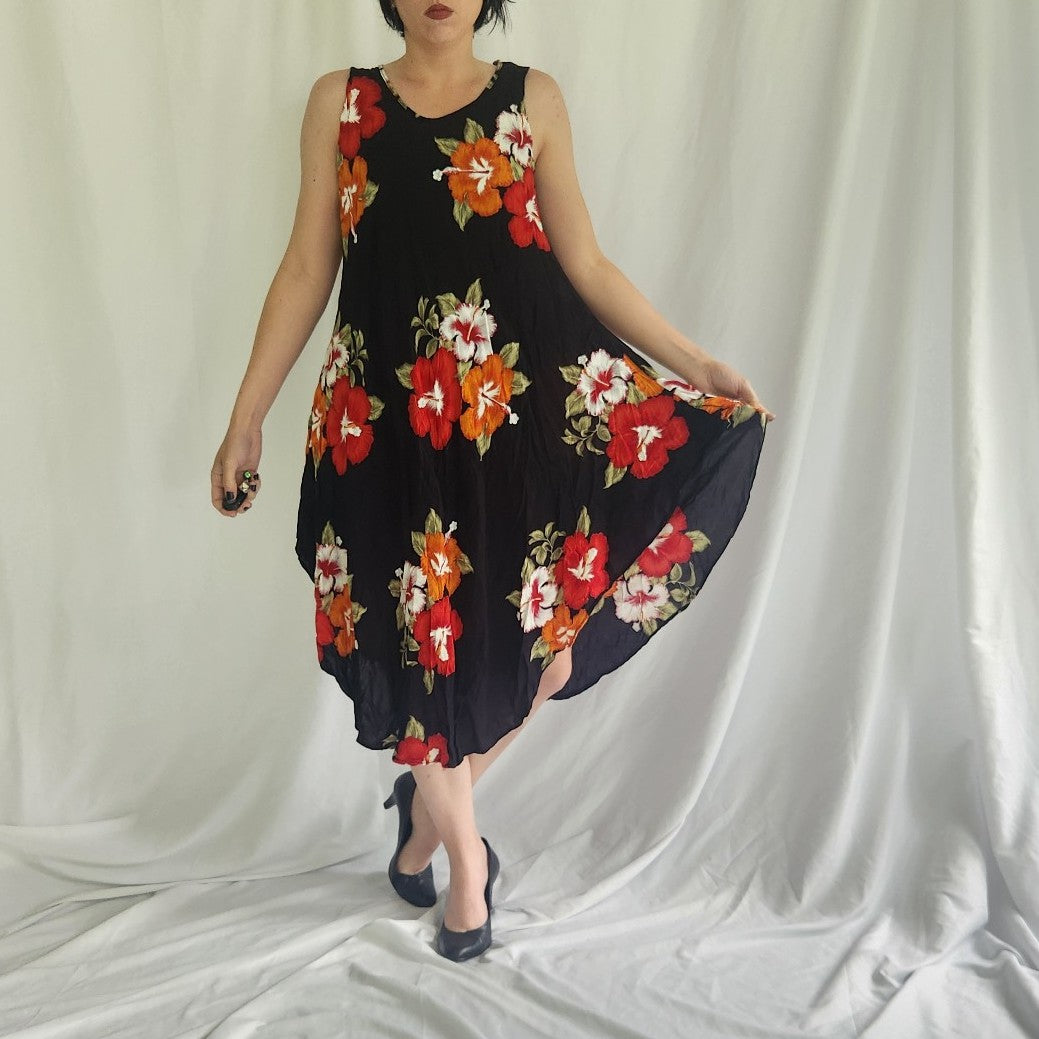 9ps Black, Red, and Orange Tropical Floral Sundress