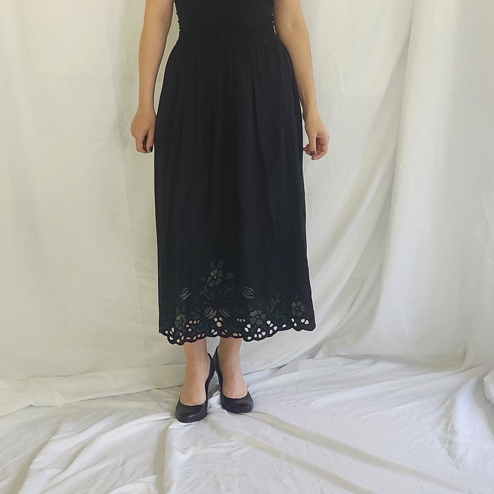 90s Black Rayon Floral Skirt