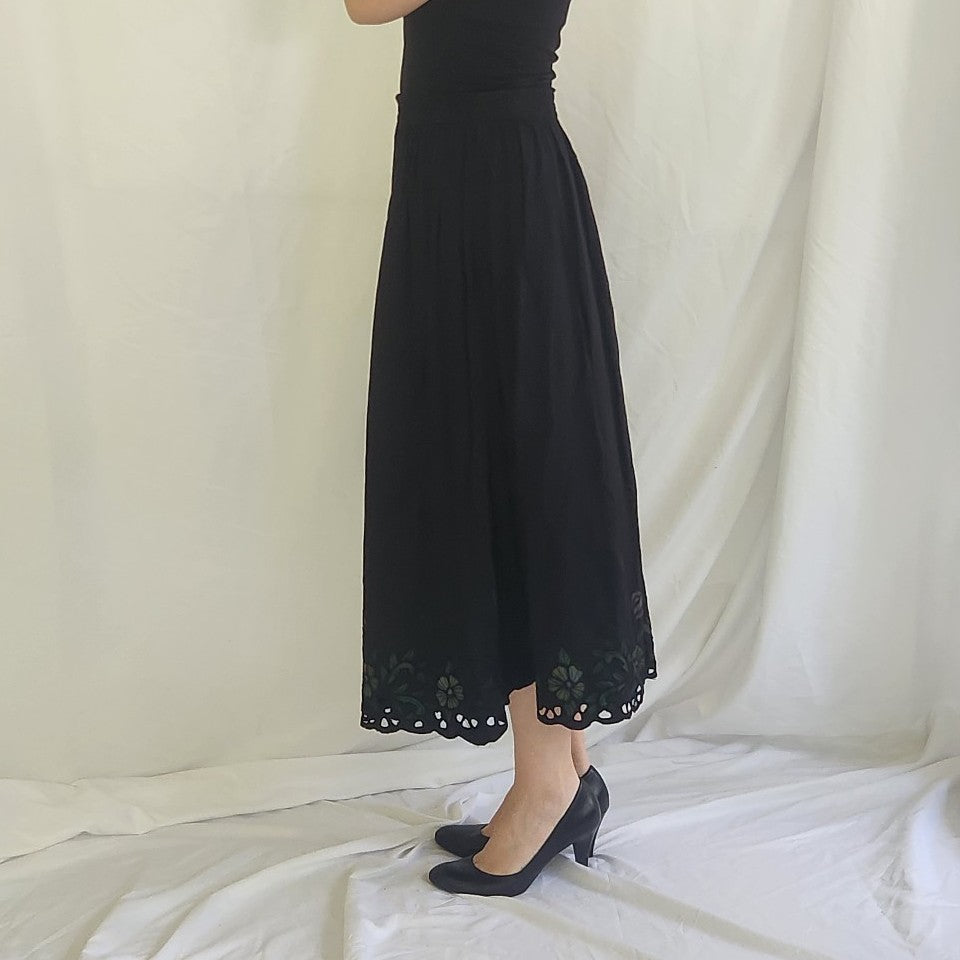 90s Black Rayon Floral Skirt
