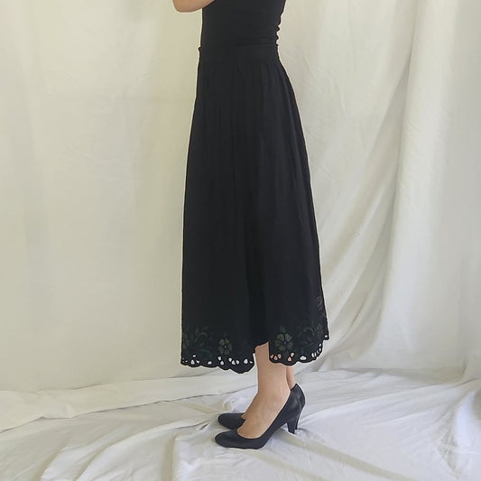 90s Black Rayon Floral Skirt