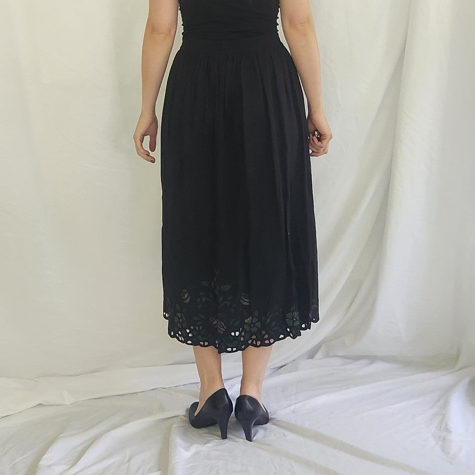 90s Black Rayon Floral Skirt