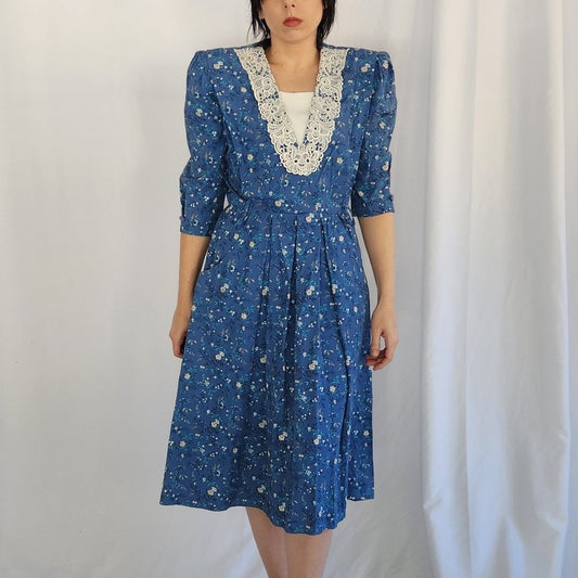 90s Blue Floral Cottagecore Midi Dress