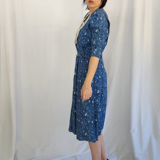 90s Blue Floral Cottagecore Midi Dress
