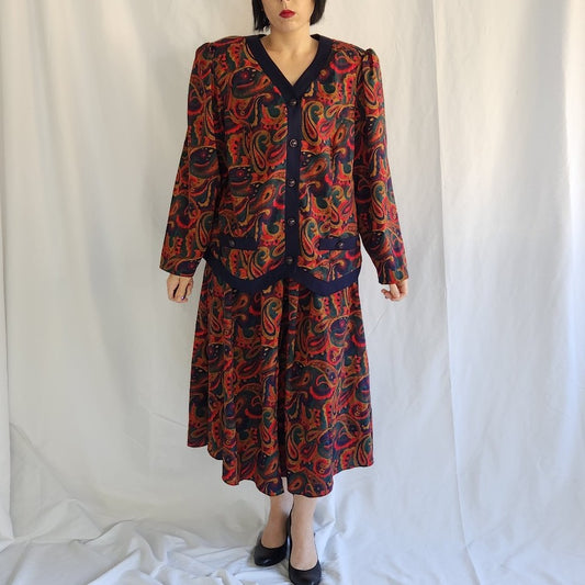 80s Red, Blue, Green, and Tan Skirt Set