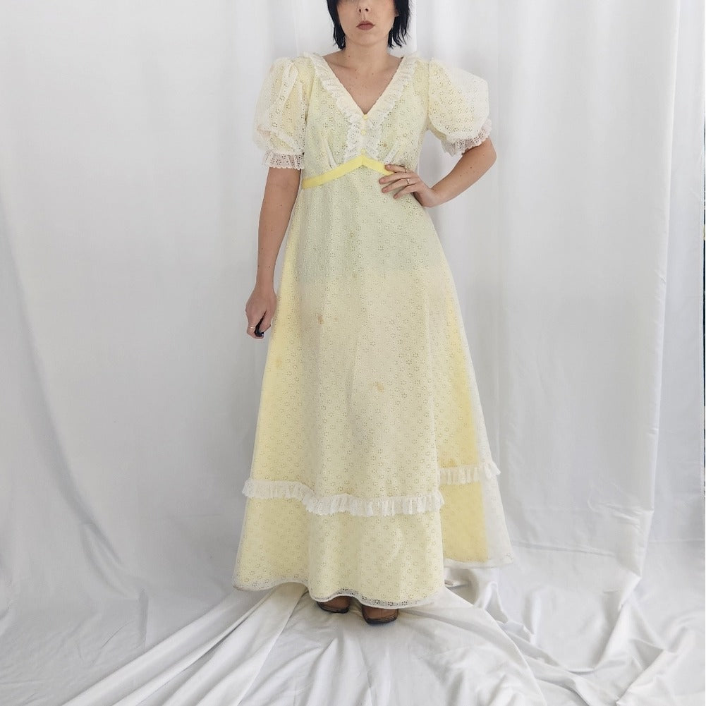 70s Yellow and White Eyelet Lace Maxi Dress