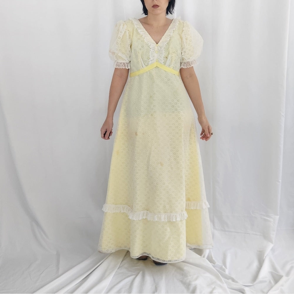 70s Yellow and White Eyelet Lace Maxi Dress