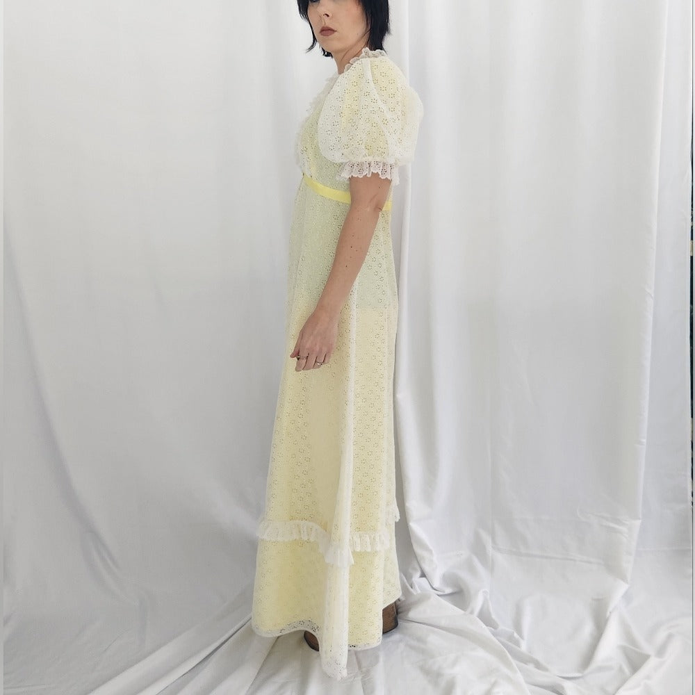 70s Yellow and White Eyelet Lace Maxi Dress
