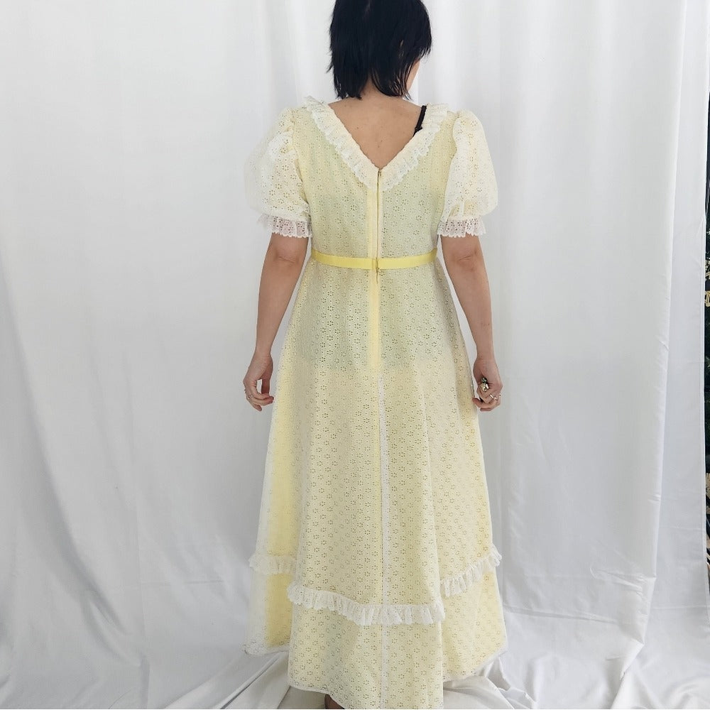 70s Yellow and White Eyelet Lace Maxi Dress