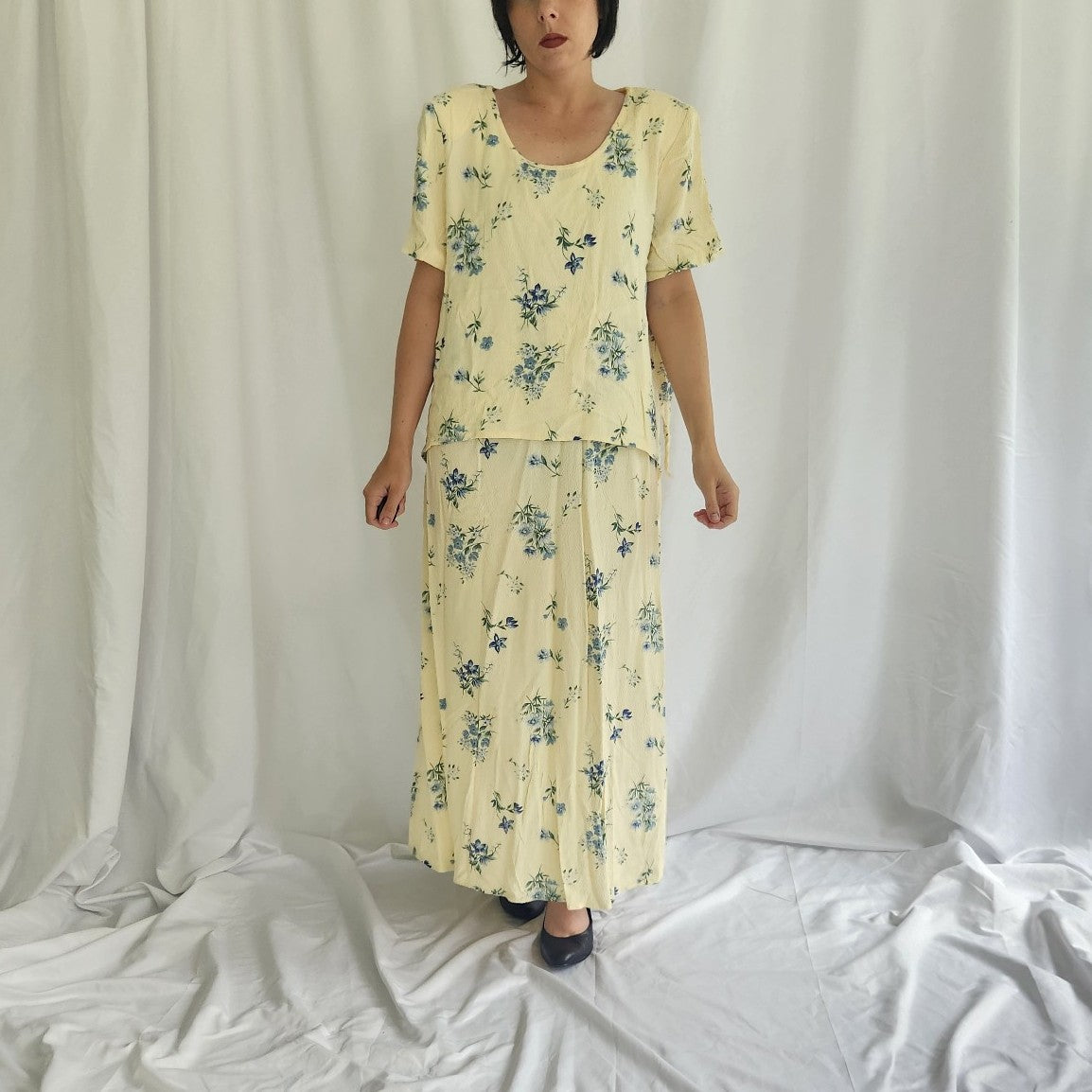 90s Yellow Floral Two Piece Maxi Dress