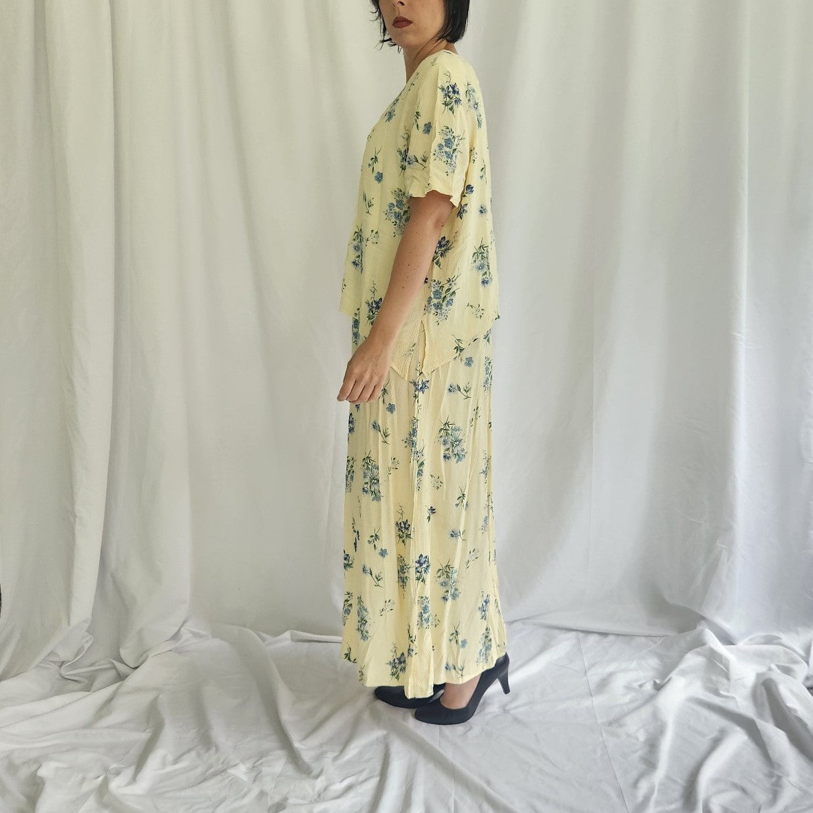 90s Yellow Floral Two Piece Maxi Dress