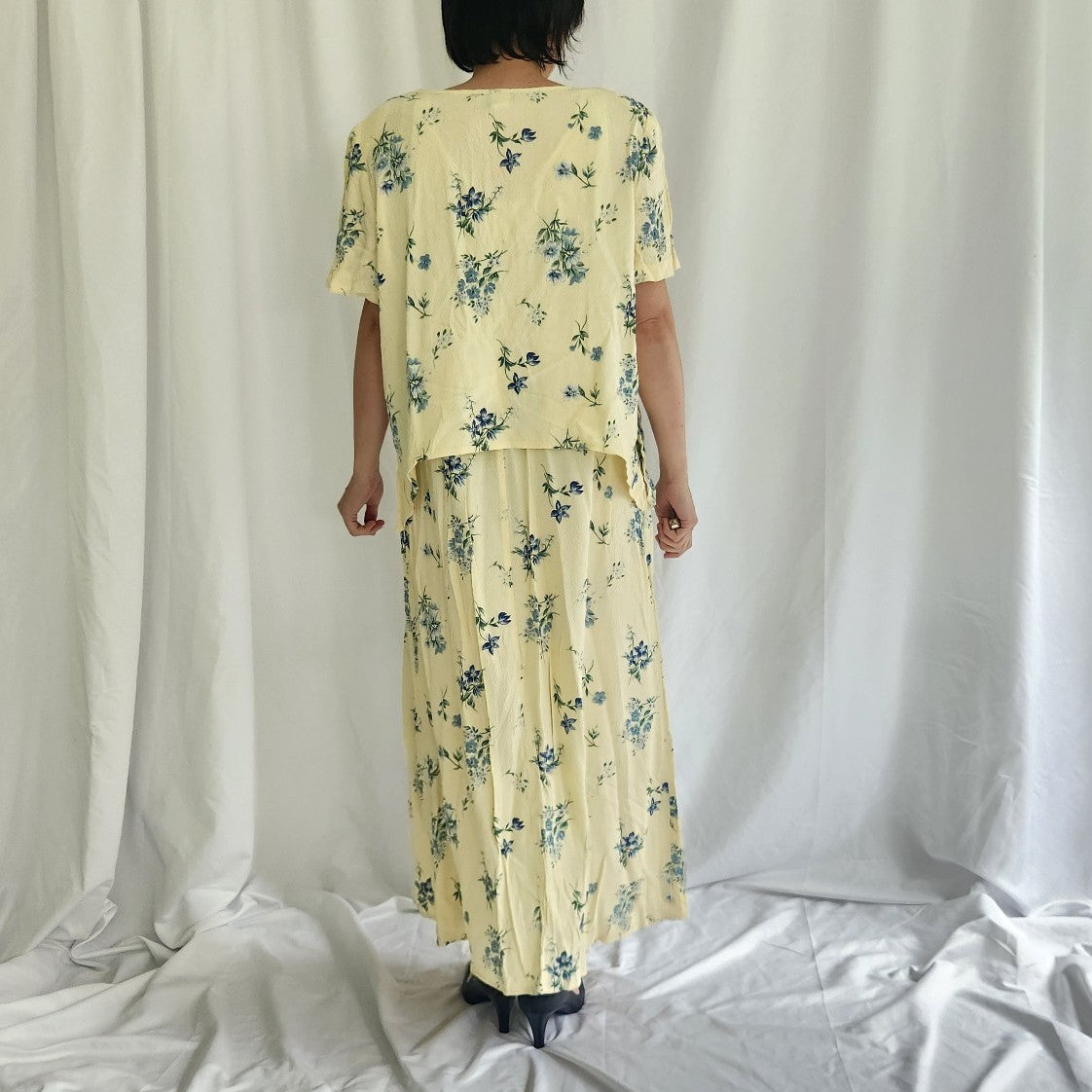 90s Yellow Floral Two Piece Maxi Dress