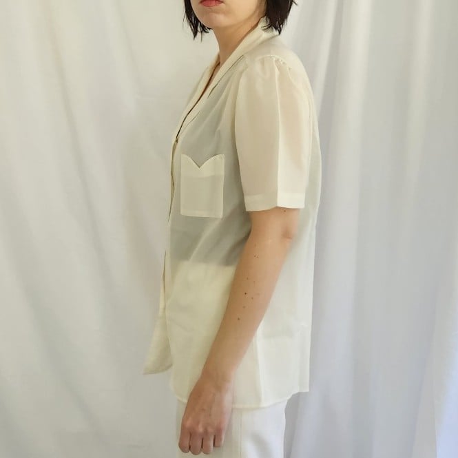 80s White Short Sleeve Button Down Blouse