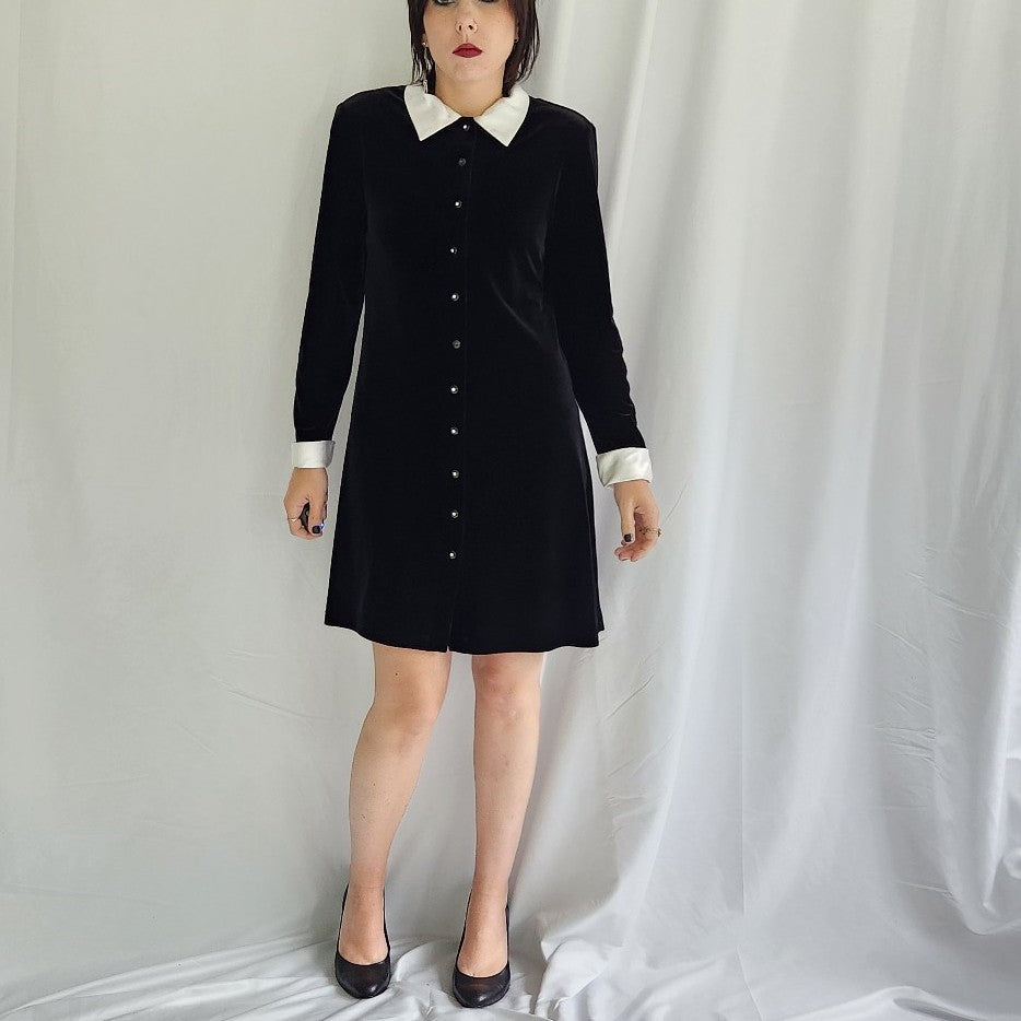 90s Black Velvet Button Down Dress