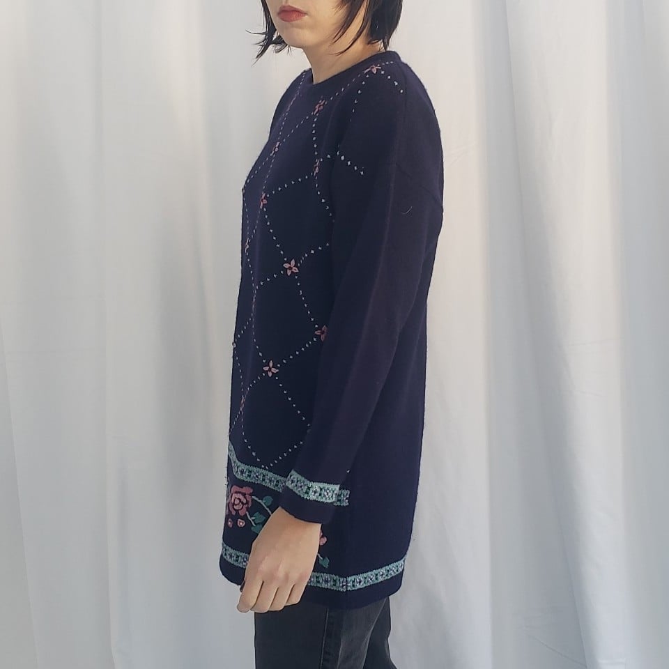 90s/00s Blue Wool Floral Sweater