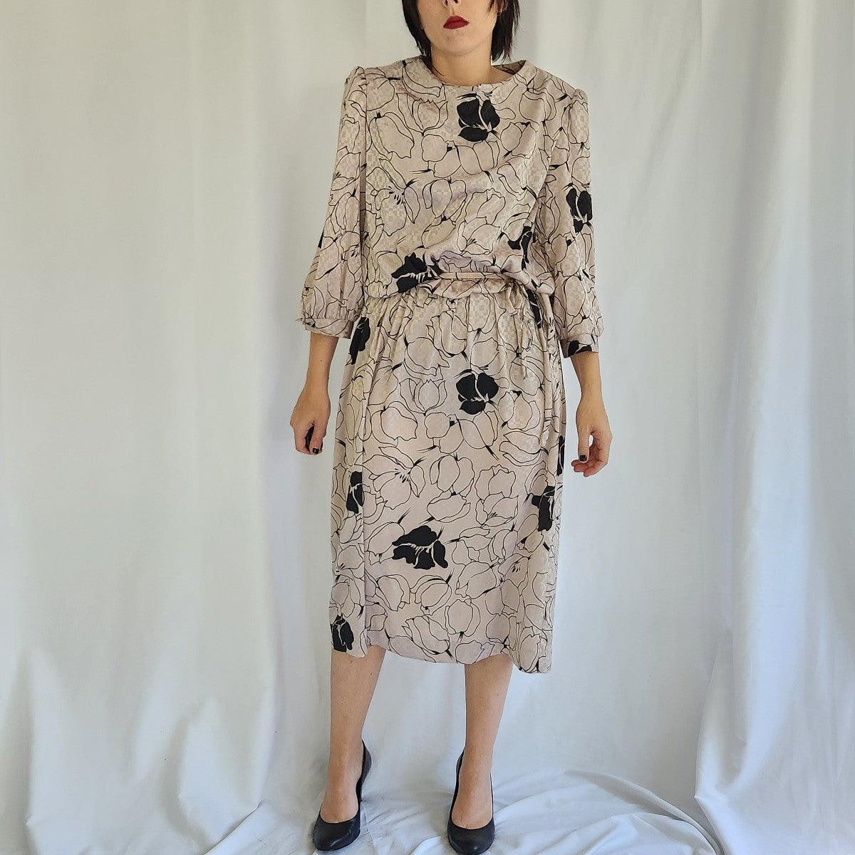 80s Tan and Black Midi Day Dress