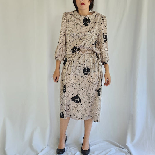 80s Tan and Black Midi Day Dress