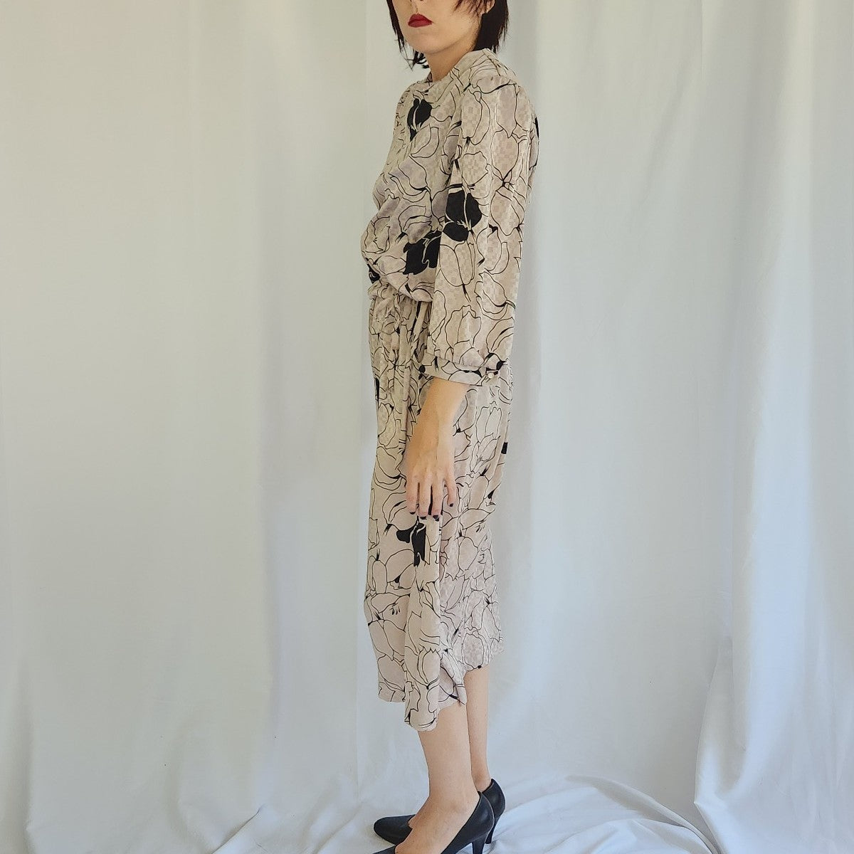 80s Tan and Black Midi Day Dress