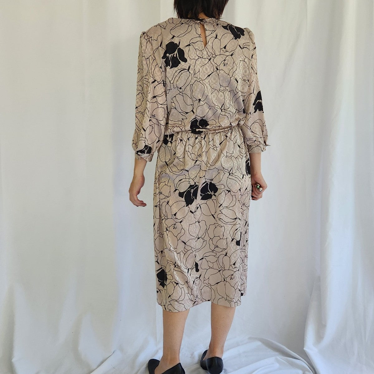 80s Tan and Black Midi Day Dress