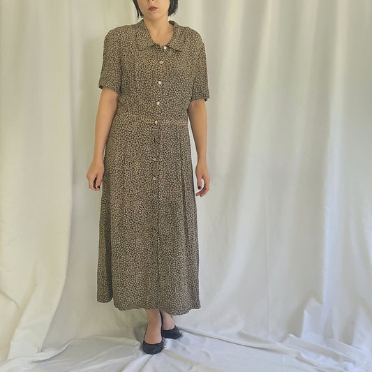 90s Black and Tan Floral Button Down Maxi Dress
