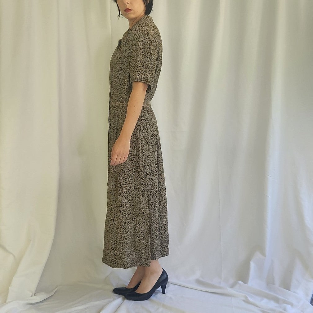 90s Black and Tan Floral Button Down Maxi Dress