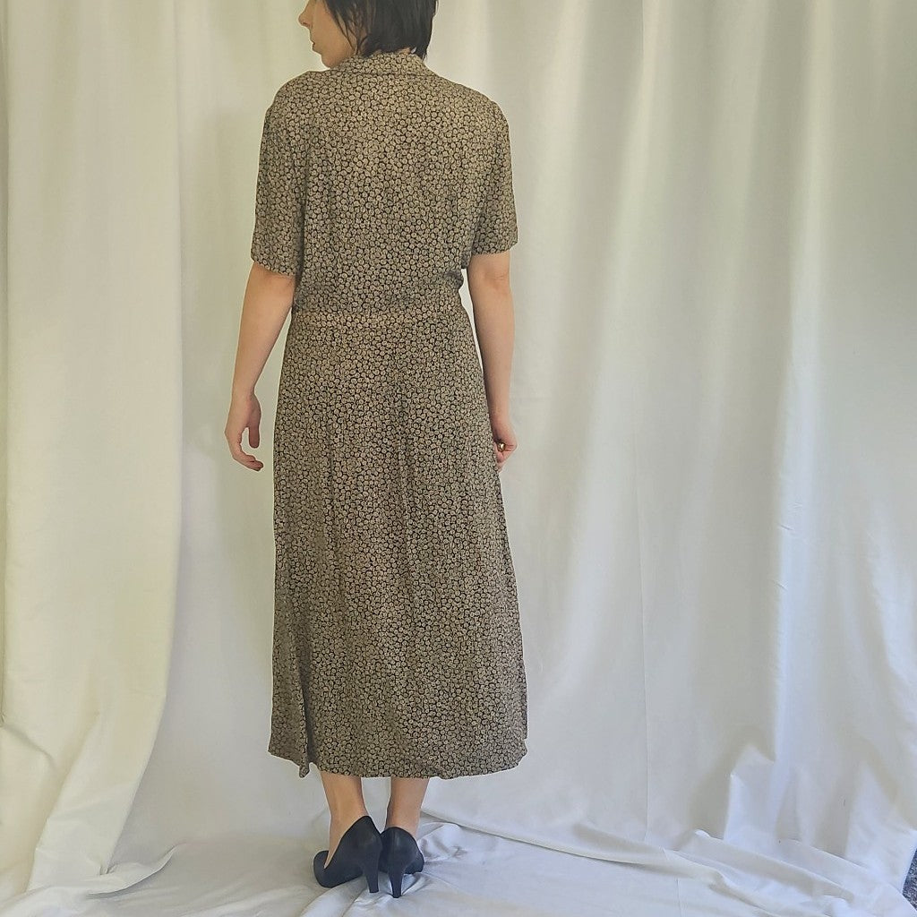 90s Black and Tan Floral Button Down Maxi Dress