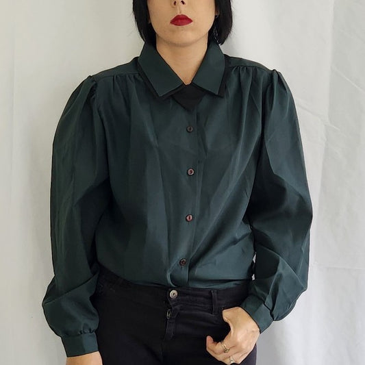 80s Forest Green Button Down Blouse