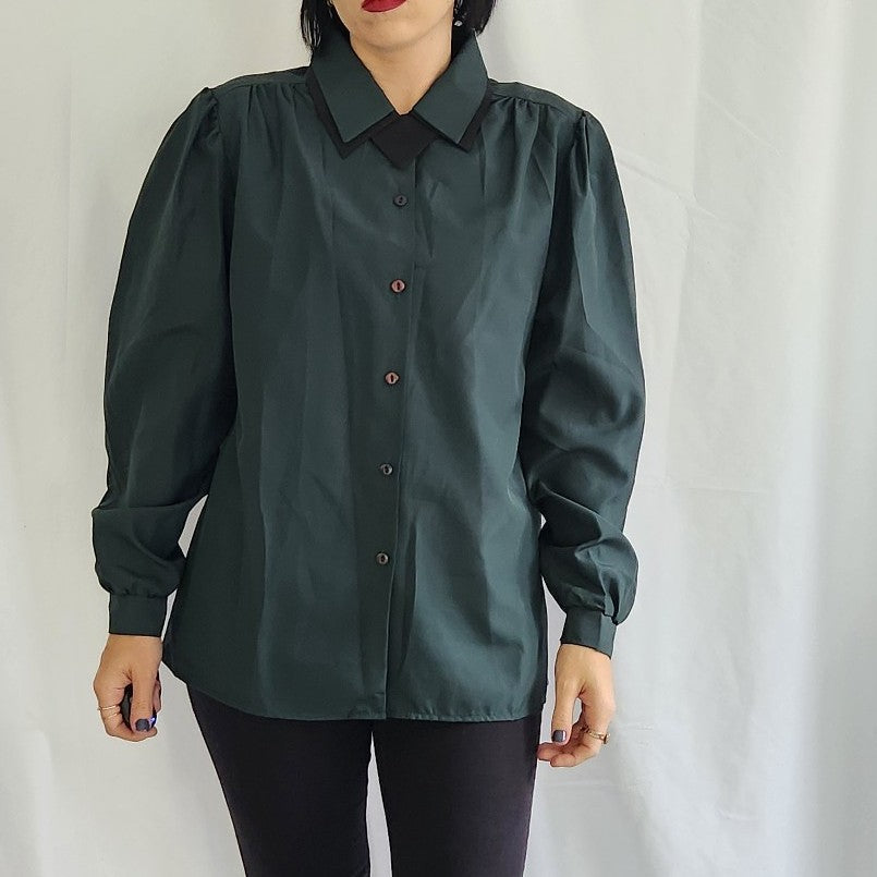 80s Forest Green Button Down Blouse