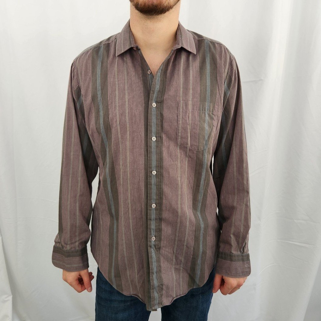80s/90s Gray and Mauve Striped Button Down