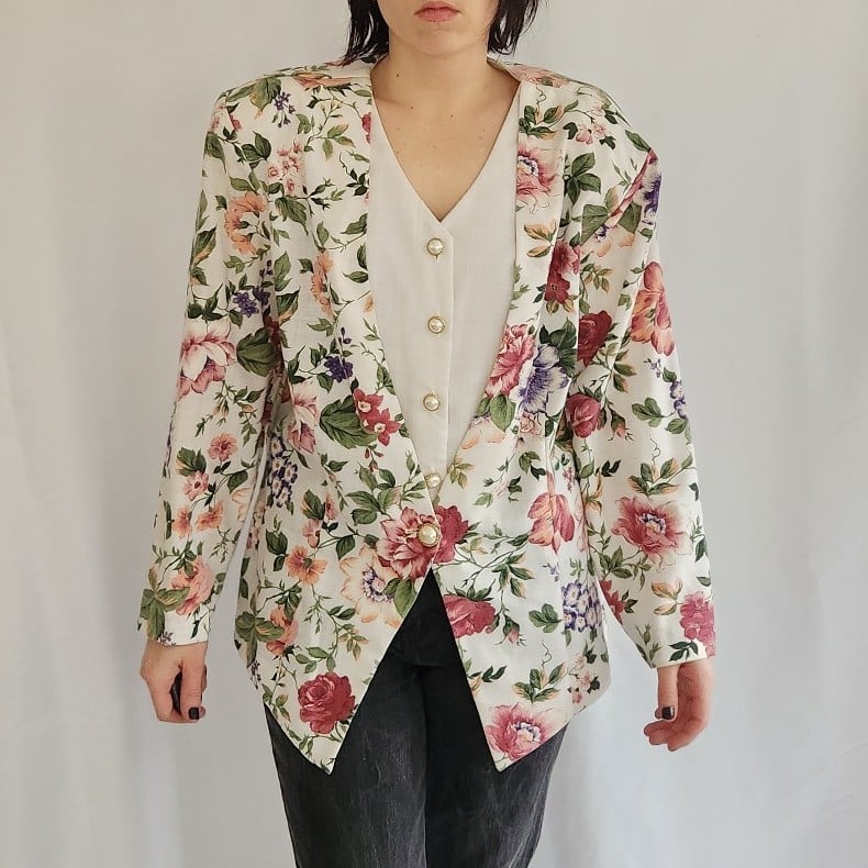 90s White, Pink, and Green Floral Jacket