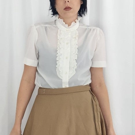 70s White Frilly Short Sleeve Button Down Shirt