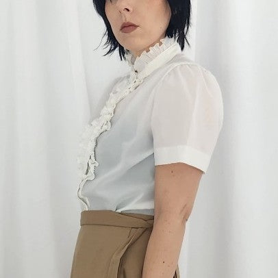 70s White Frilly Short Sleeve Button Down Shirt