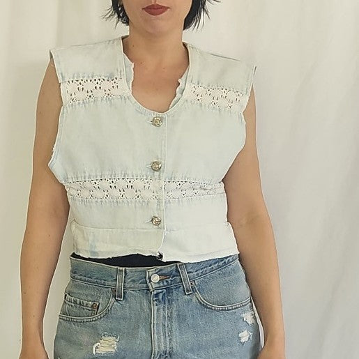 90s Light Wash Cropped Denim Top with Lace