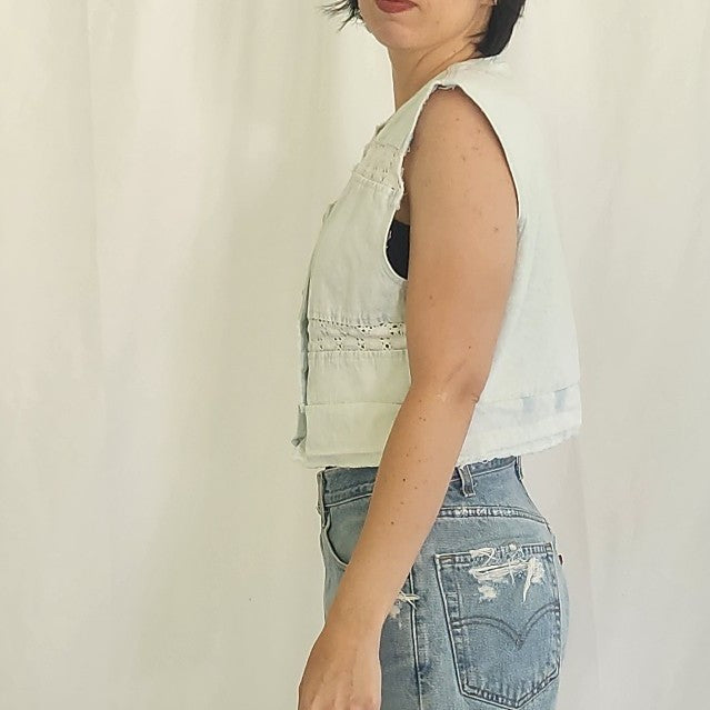 90s Light Wash Cropped Denim Top with Lace