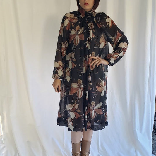 70s Black and Brown Sheer High Neck Dress