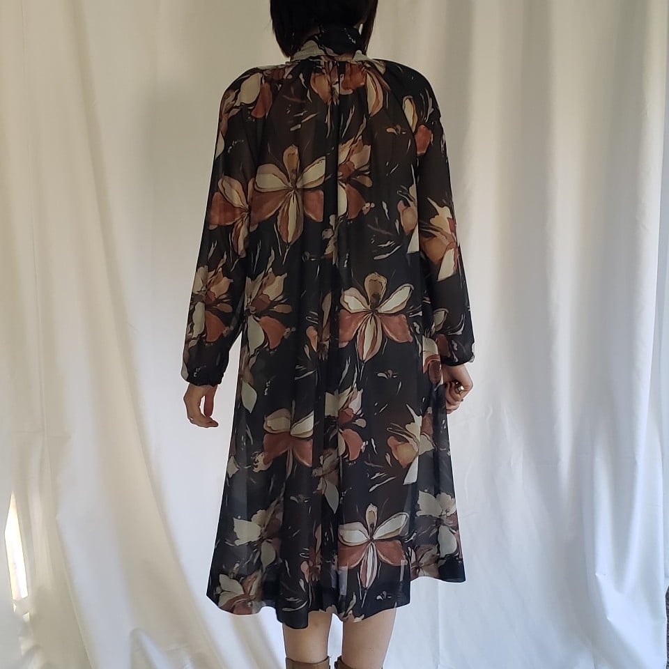 70s Black and Brown Sheer High Neck Dress