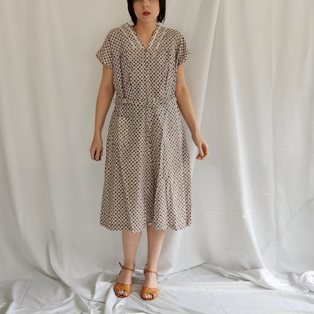 50s/60s Handmade White, Red and Gray Printed Day Dress