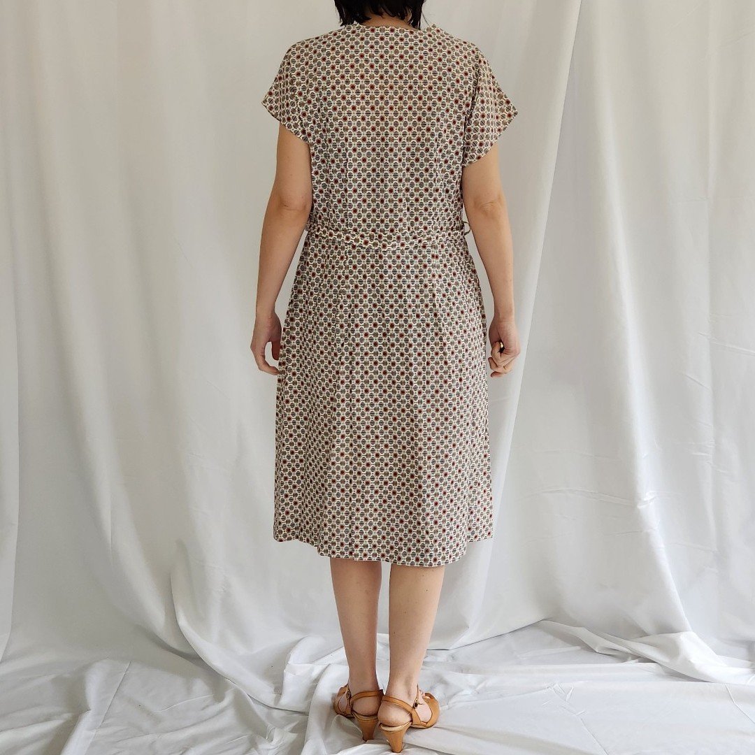 50s/60s Handmade White, Red and Gray Printed Day Dress