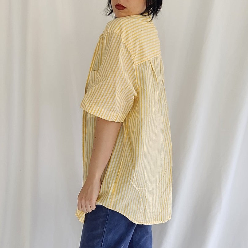 90s Yellow and White 100% Cotton Striped Short Sleeve Button Down