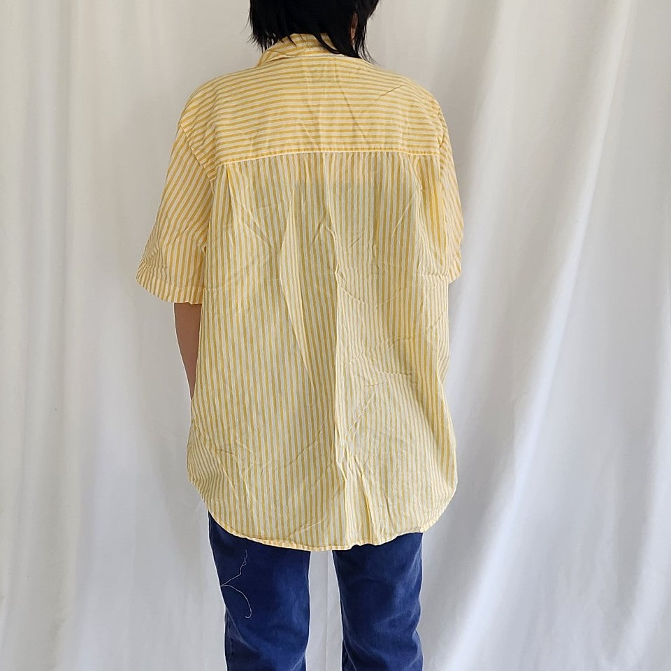90s Yellow and White 100% Cotton Striped Short Sleeve Button Down