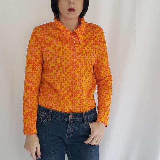 70s Orange Polka Dot Dagger Collar Shirt