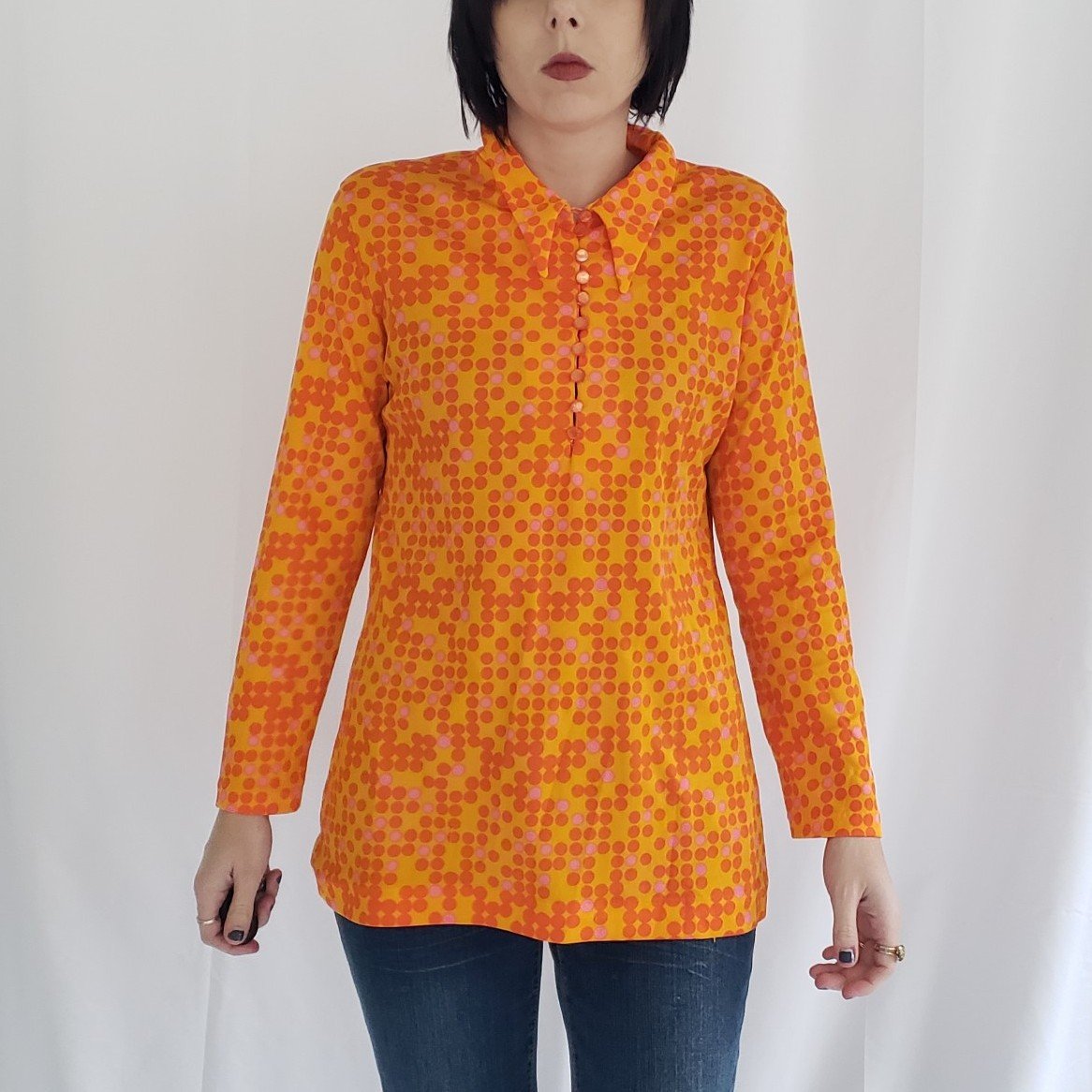 70s Orange Polka Dot Dagger Collar Shirt