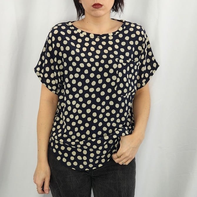 90s Navy and White Polka Dot Silk Blouse