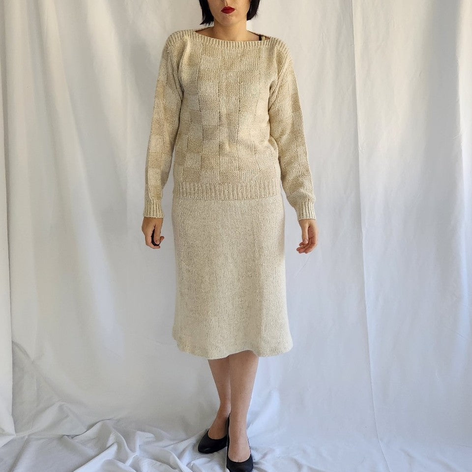 80s Cream Silk Blend Skirt and Sweater Set
